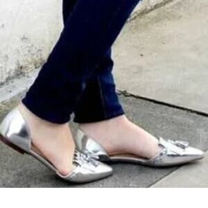 J Crew Silver Metallic D'Orsay Tassels Pointed Toe Flat Shoes